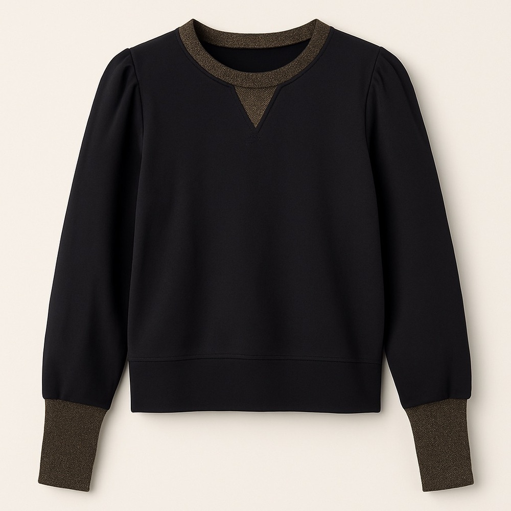 Black Gold Metallic Puffed Sleeve Pullover Sweatshirt Elevated Basic NWT L #2292